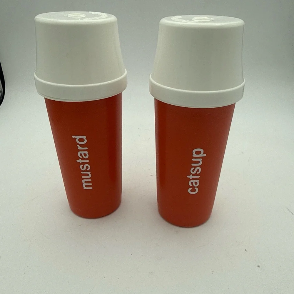 VTG 70’s Tupperware Catsup & Mustard Orange Containers W/ Pump And Lids